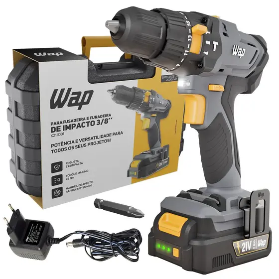 Parafusadeira Furadeira de Impacto Wap 10mm Sem Fio com LED 45Nm Reversível