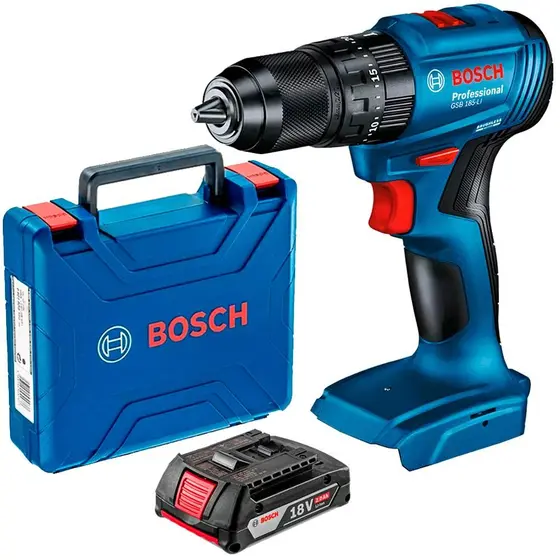 Parafusadeira Furadeira de Impacto Bosch GSB 185-LI 18V com Kit Bateria 2.0Ah e Maleta 06019K31E6