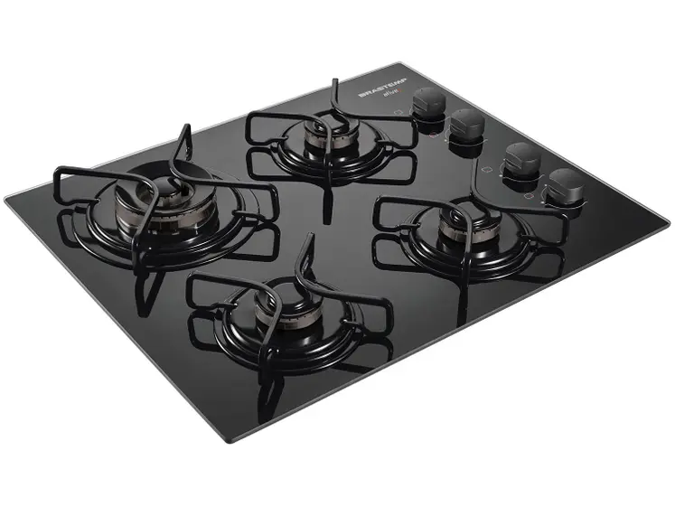 Cooktop 4 Bocas a Gás Brastemp Ative Dupla Chama com Vidro Temperado Preto BDD62AE