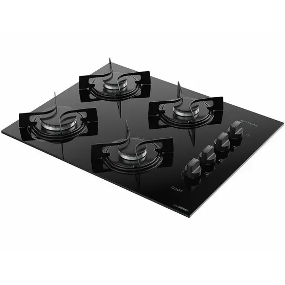 Cooktop 4 Bocas a Gás Atlas Utop com Mesa de Vidro Preto Bivolt