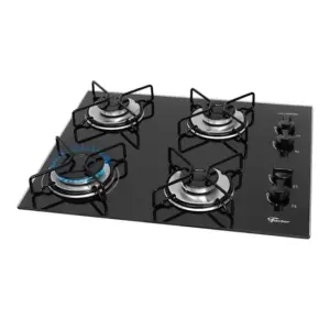 Cooktop 4 Bocas a Gás Fischer Fit Line Chama Rápida com Mesa de Vidro Preto Bivolt