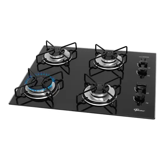 Cooktop 4 Bocas a Gás Fischer Fit Line Chama Rápida com Mesa de Vidro Preto Bivolt