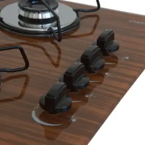 Cooktop 4 Bocas a Gás Chamalar Ultra Chama com Mesa de Vidro Amadeirado Escuro Bivolt