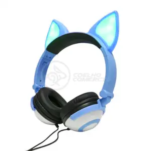 Headset Gamer Gatinho Fox com Fio LED Orelha de Gato Dobrável Infantil com Microfone Azul Headset Gamer Gatinho Fox com Fio LED Orelha de Gato Dobrável Infantil com Microfone Azul