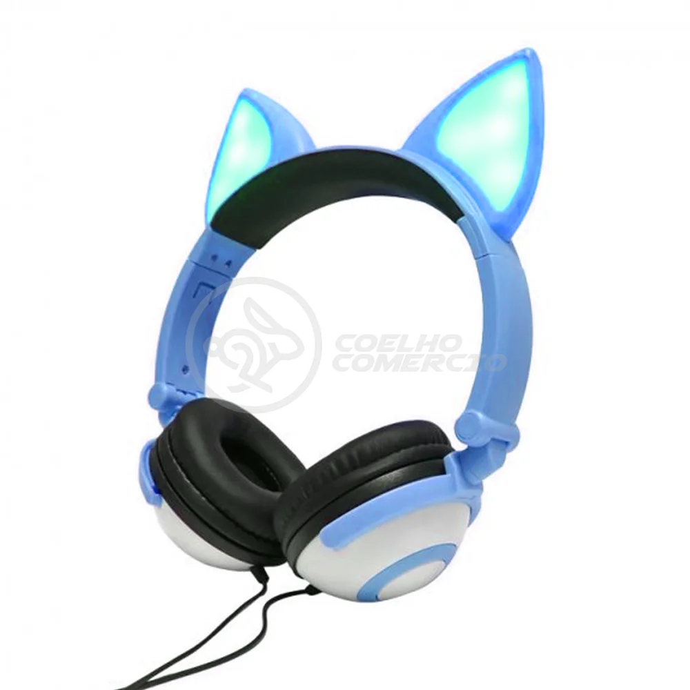 Headset Gamer Gatinho Fox com Fio LED Orelha de Gato Dobrável Infantil com Microfone Azul