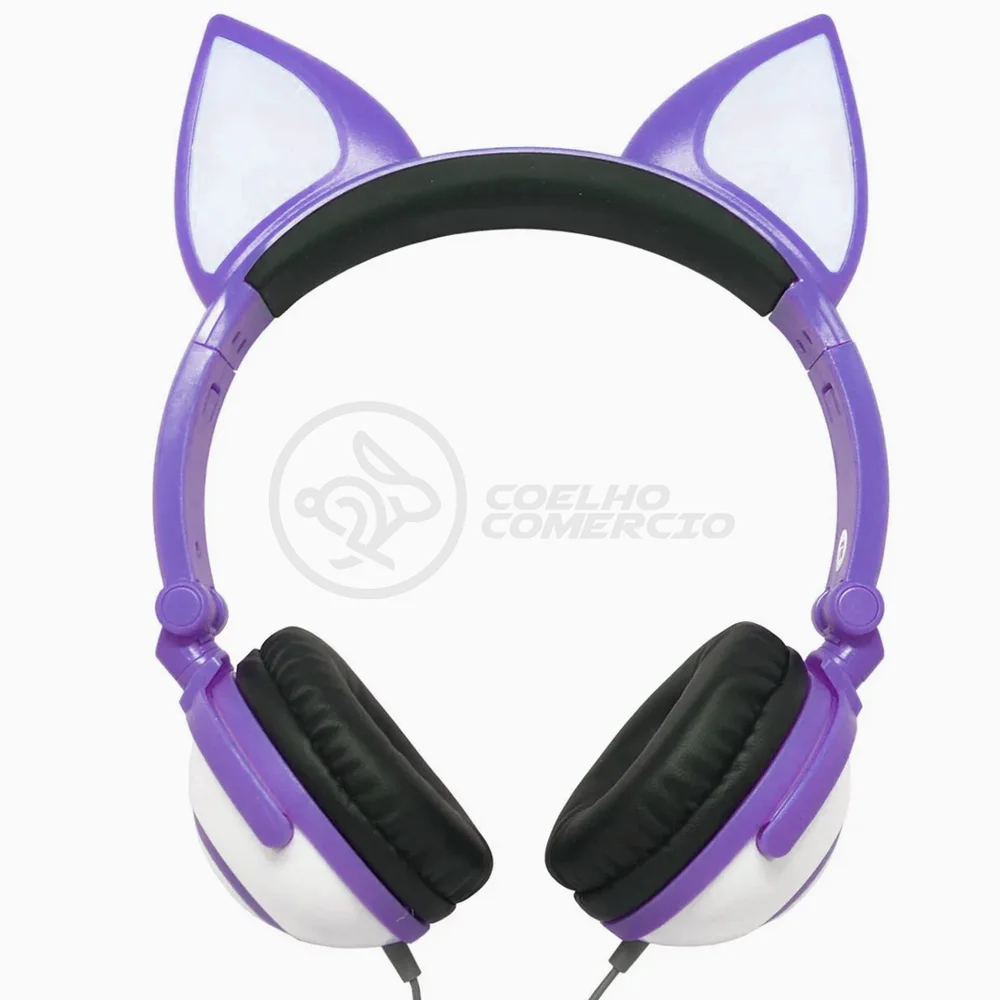 Headset Gamer Gatinho Fox com Fio LED Orelha de Gato Dobrável Infantil com Microfone Roxo
