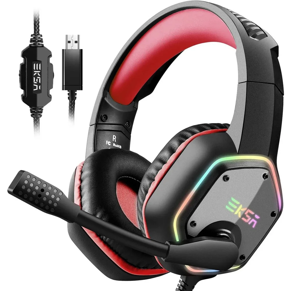 Headset Gamer Eksa E1000 7.1 RGB para PS5 PS4 PC USB Red