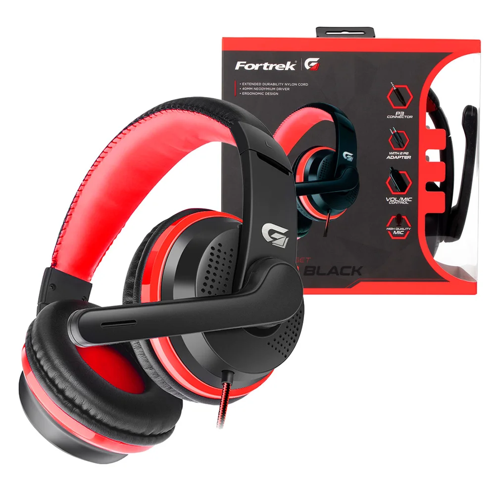 Headset Gamer Fortrek Spider Black Driver 40mm P3 + Adaptador P2 Preto e Vermelho