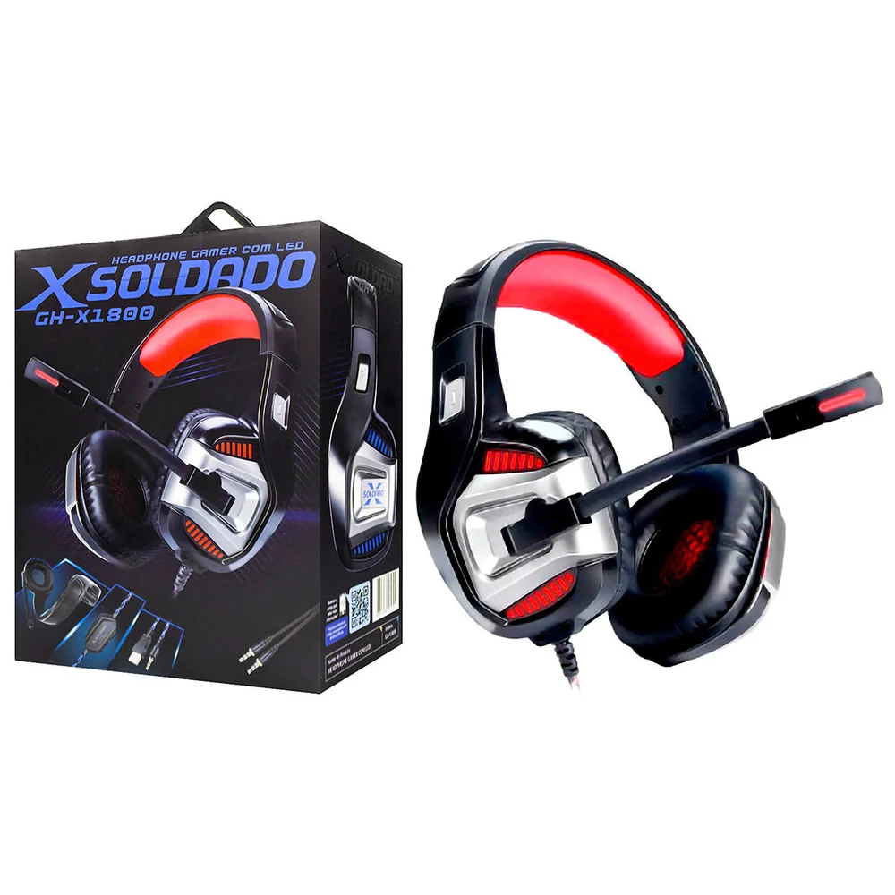 Headset Gamer Infokit X-Soldado 7.1 com LED RGB 50mm USB P3 para PS4 Xbox PC Celular Preto e Vermelho GH-X1800