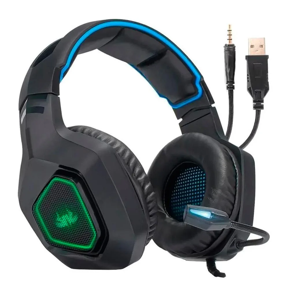 Headset Gamer Knup com Microfone e Iluminação USB para PC PS3 PS4 Xbox One Azul e Preto KP-488