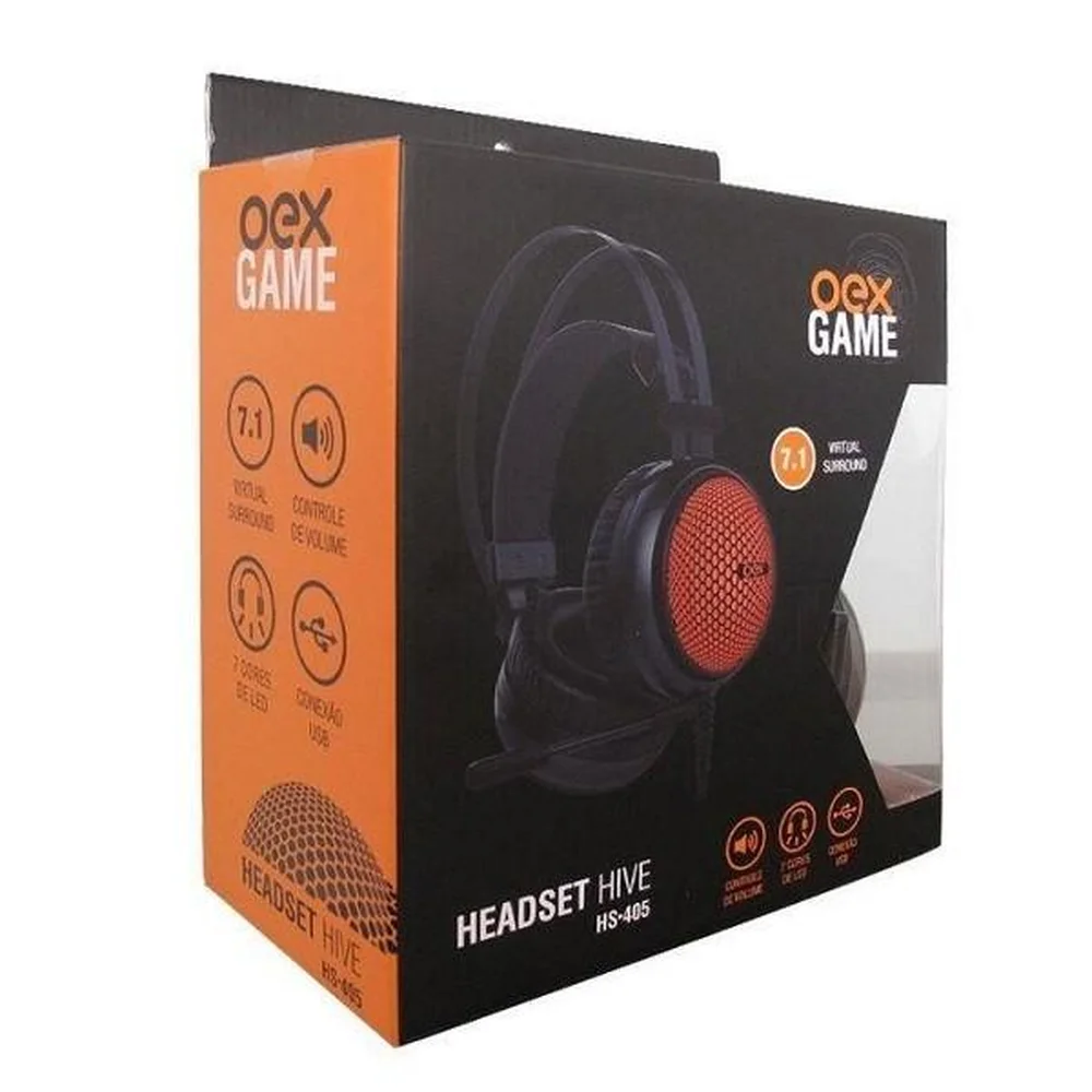 Headset Gamer OEX Game Hive 7.1 Surround LED Colorido 50mm USB para Windows e MAC Preto e Laranja HS405