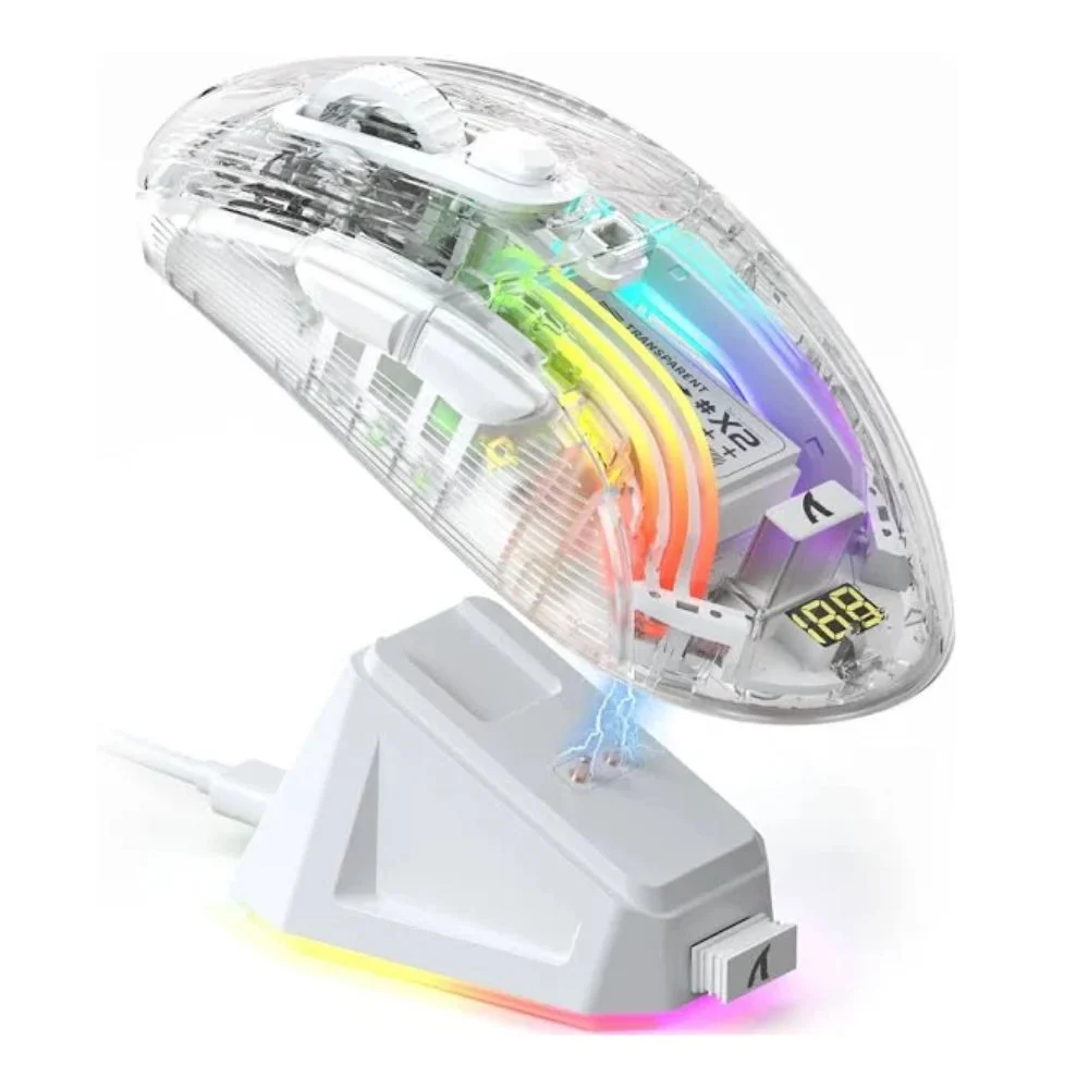 Mouse Gamer Sem Fio Attack Shark X2 Pro Tri-Mode RGB Branco Transparente X2 Pro