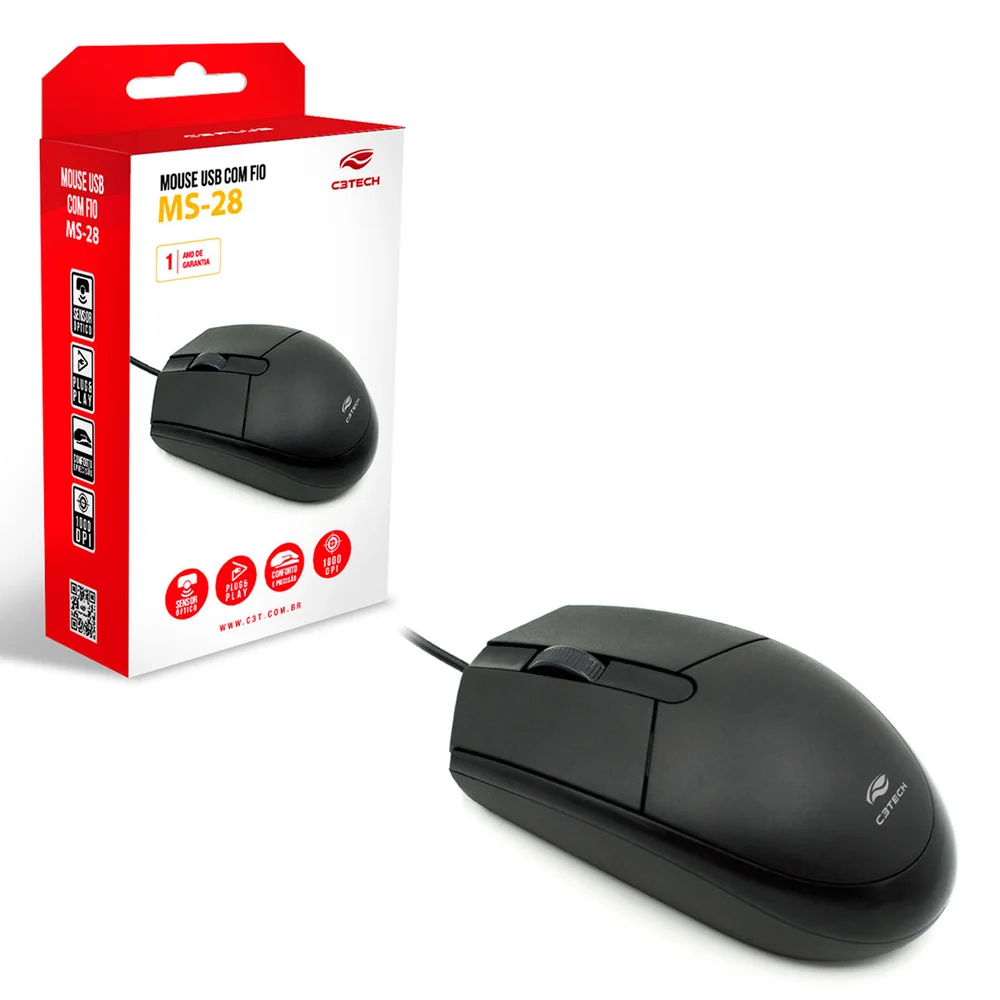 Mouse Com Fio C3Tech MS-28BK 1000 DPI USB Preto MS-28BK