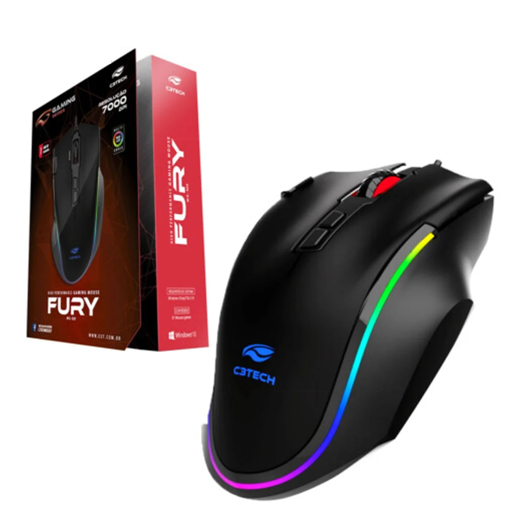 Mouse Gamer Com Fio C3Tech Fury 7000 DPI LED RGB MG-520BK