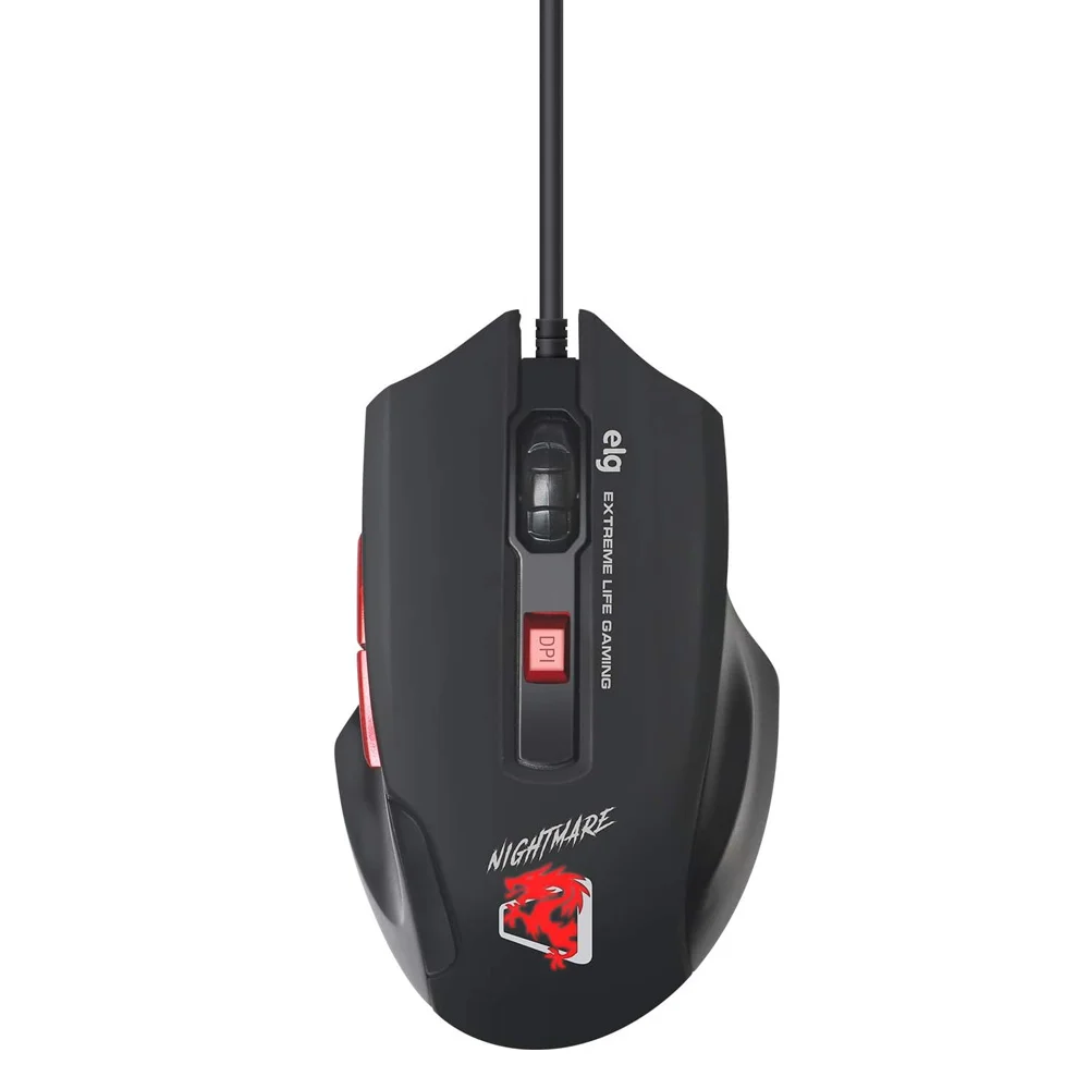 Mouse Gamer Com Fio ELG Nightmare 4000 DPI 6 Botões LED 7 Cores Preto