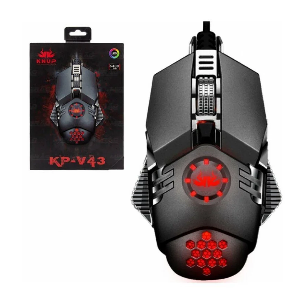 Mouse Gamer Com Fio Knup KP-V43 6400 DPI 6 Botões LED Preto e Vermelho