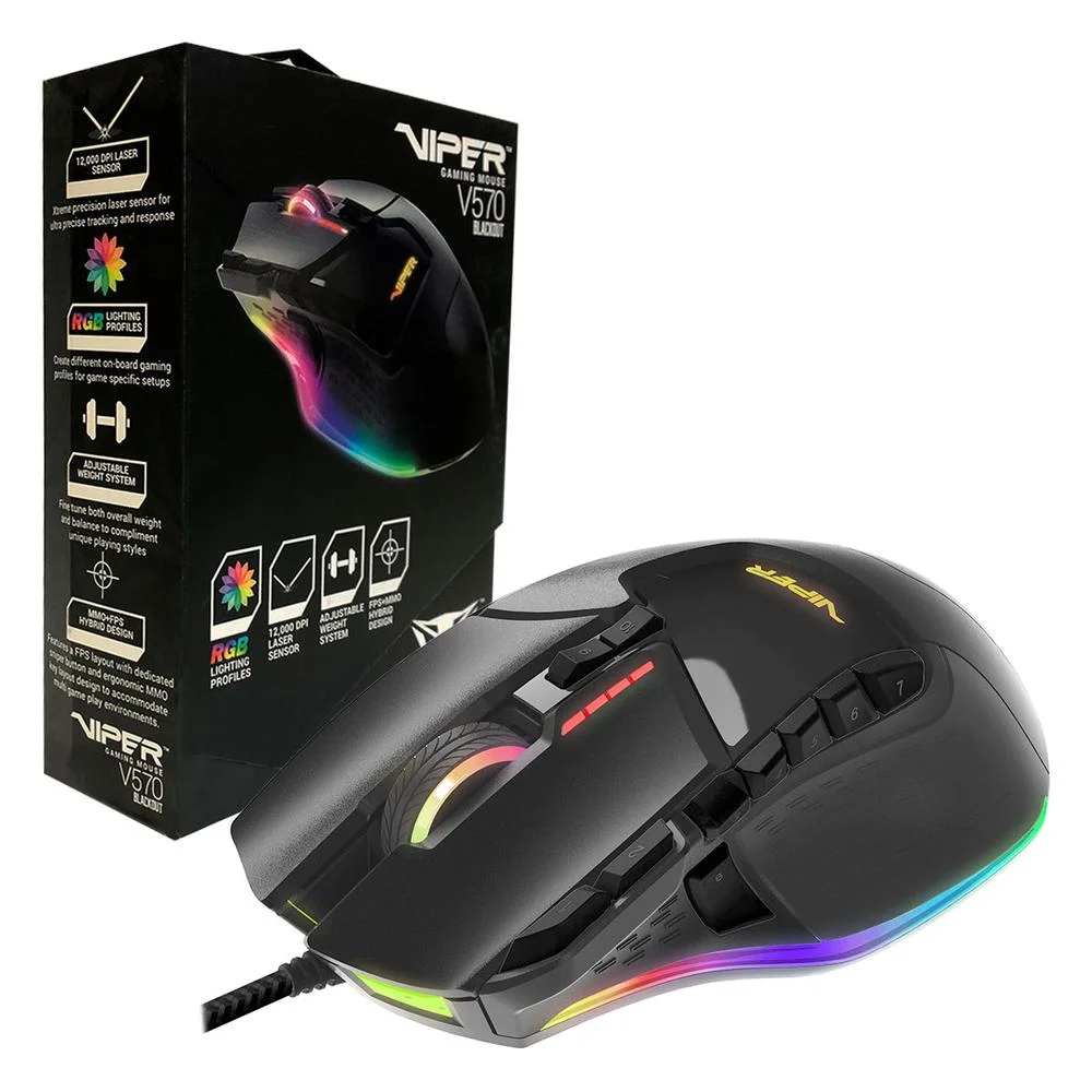 Mouse Gamer Com Fio Patriot Viper V570 Blackout 12000 DPI Sensor Laser RGB