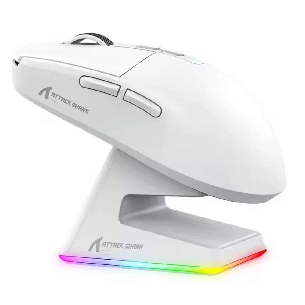 Mouse Gamer Sem Fio Attack Shark X6 Tri-Mode 26000 DPI Sensor PAW3395 com Dock Magnético RGB Branco