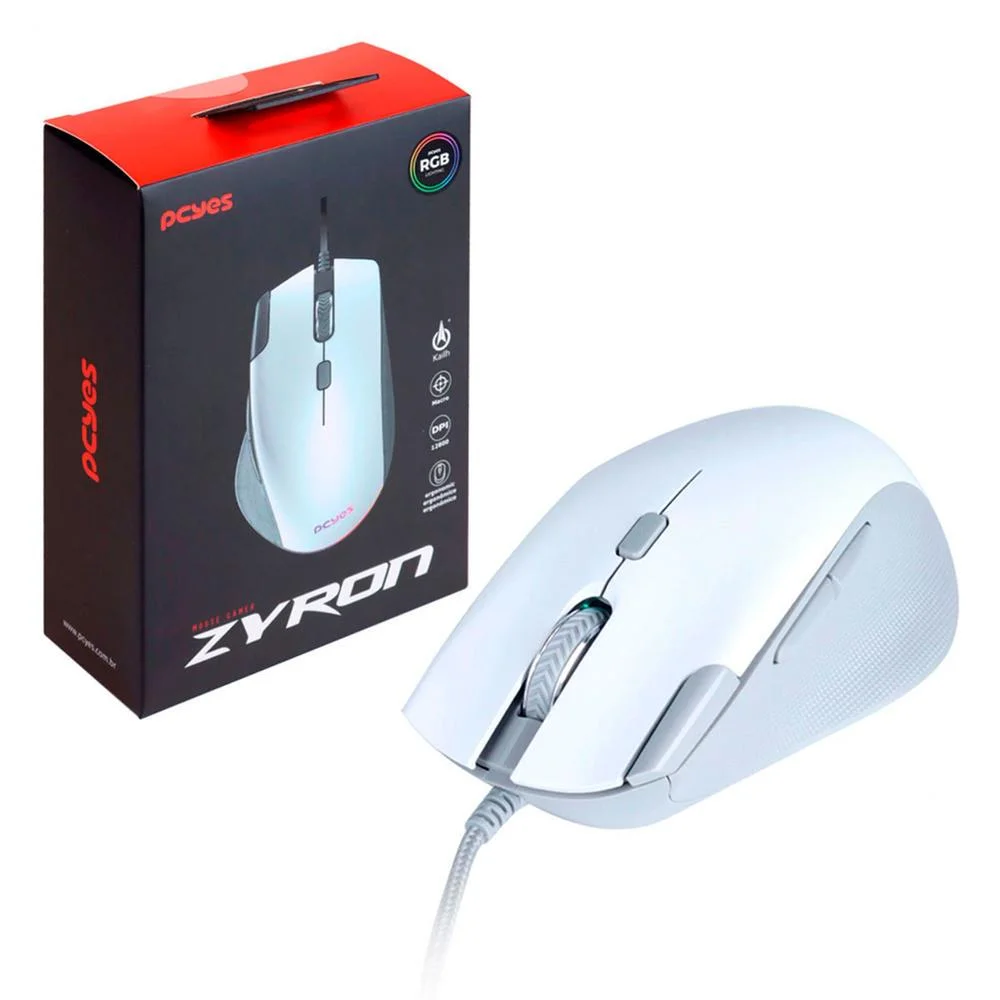 Mouse Gamer PCYes Zyron 12800 DPI RGB USB Branco PMGZRGBW
