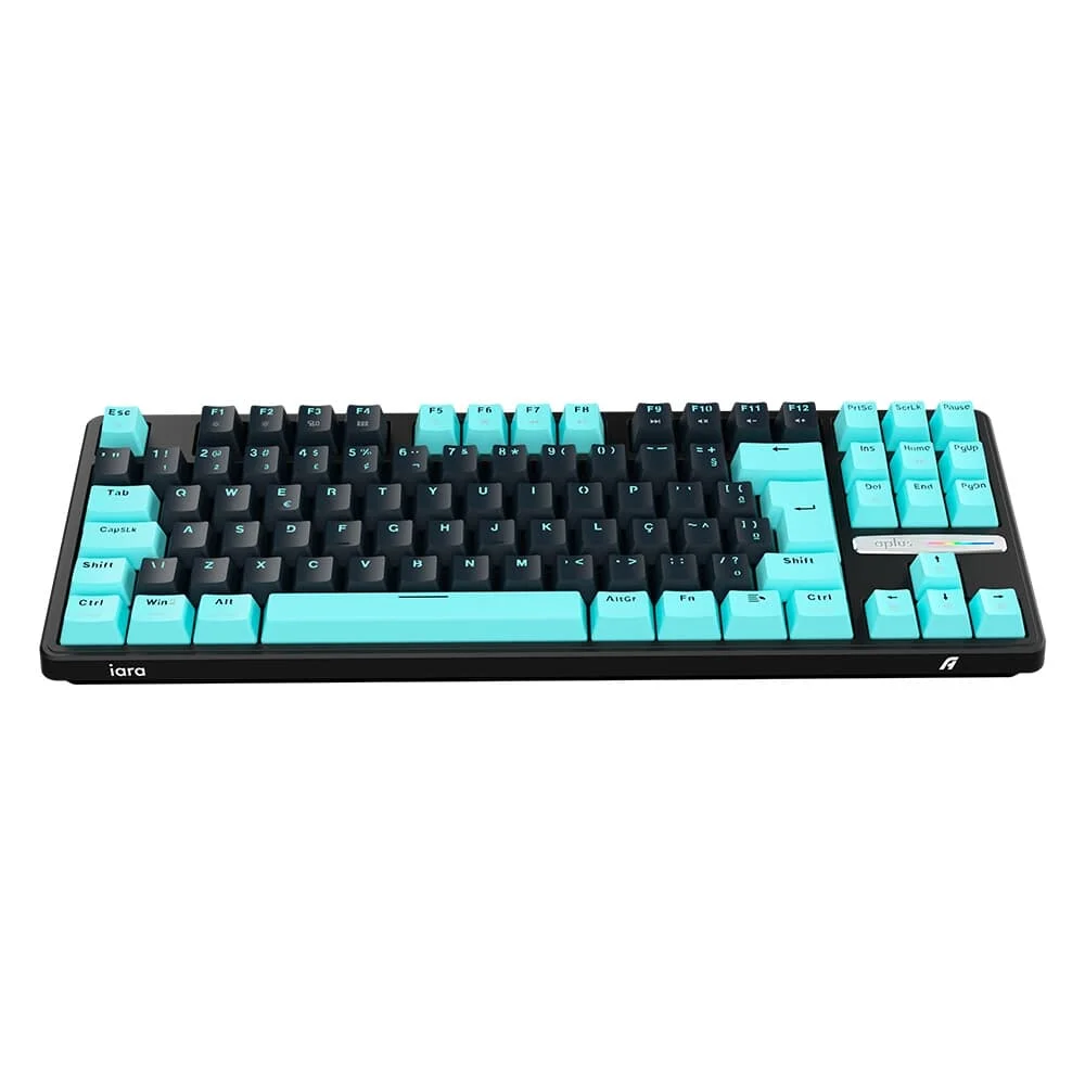 Teclado Gamer Mecânico Aplus Gasket Iara Obsedian Aqua 80% Iluminação Lateral Hotswap Switch Blue Huano Preto AK400