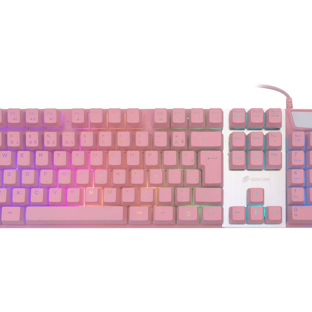 Teclado Gamer Semi-Mecânico OEX Prismatic LED Multicolor Rosa TC205