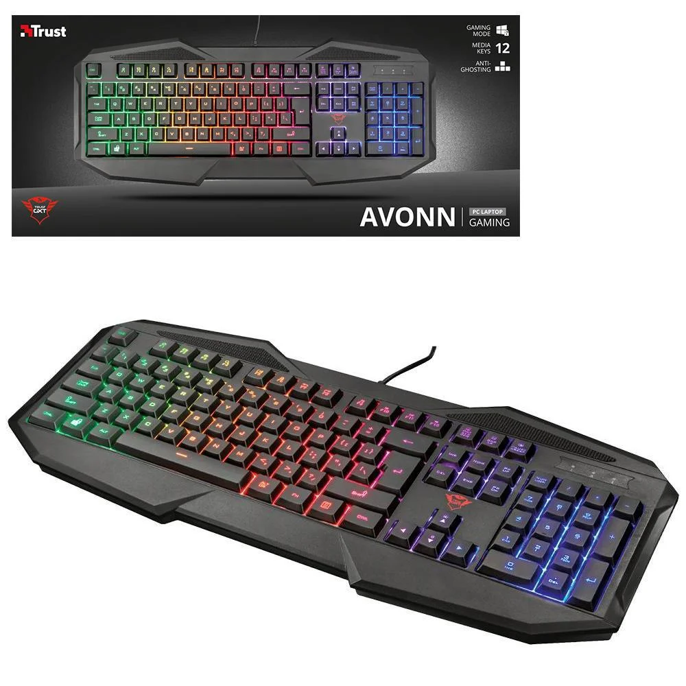 Teclado Gamer Trust Avonn GTX 830-W LED Rainbow Anti-Ghosting Multimídia Preto 21621