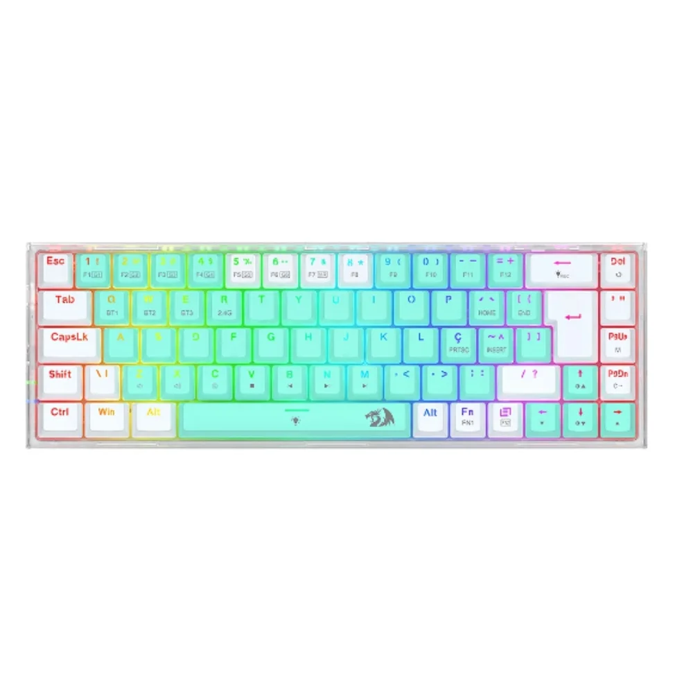Teclado Gamer Mecânico Redragon Castor Pro RGB Sem Fio Switch Gentle Lime Ciano/Branco/Transparente K631RGB-PRO-GW