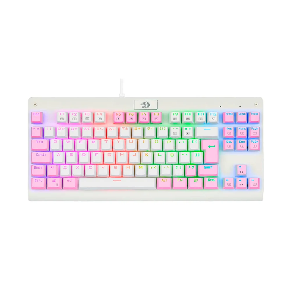 Teclado Gamer Mecânico Redragon Dark Avenger RGB Switch Brown Rosa e Branco K568WP