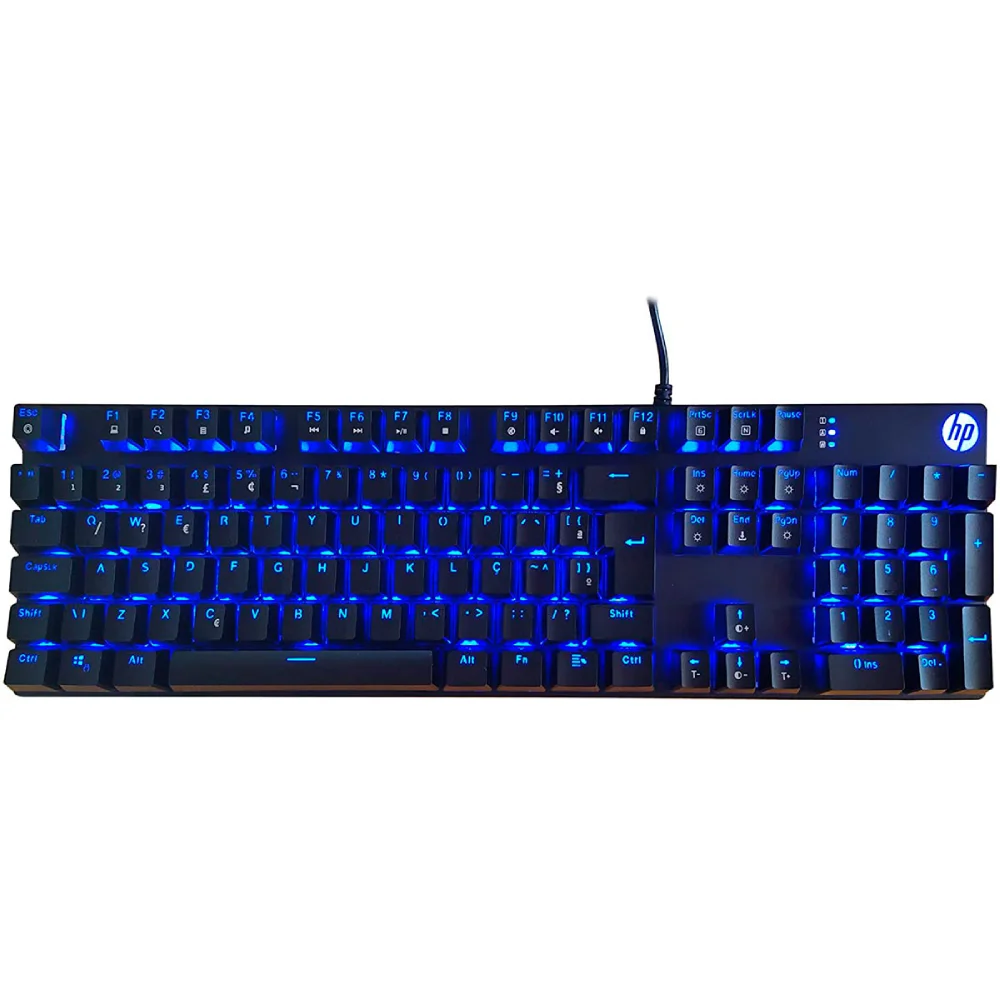 Teclado Gamer Mecânico HP GK400F LED Azul Switch Blue ABNT2 Preto