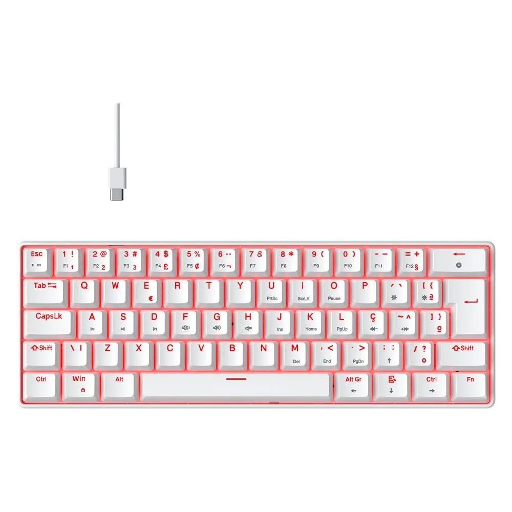 Teclado Gamer Mecânico Hyrax Thunder HCK61 LED Vermelho Switch Blue Anti-Ghosting ABNT2 Branco HCK61W-BLUE-LED