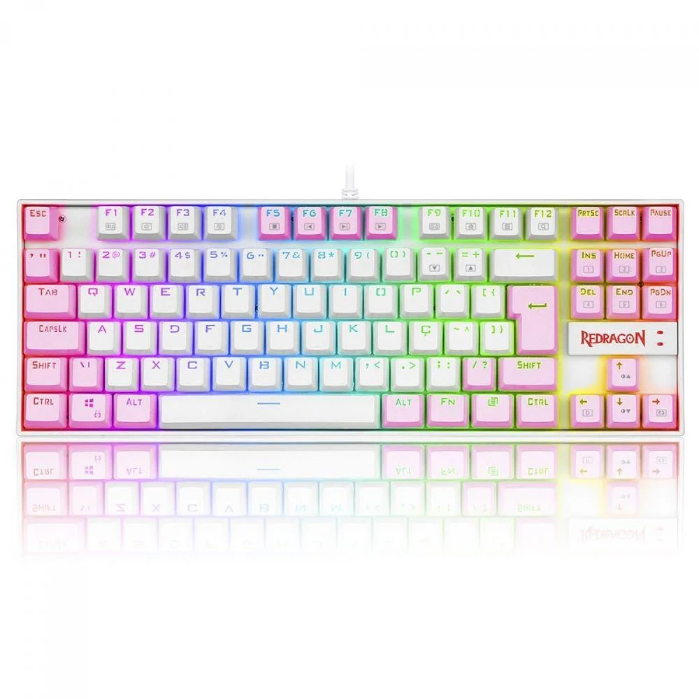 Teclado Gamer Mecânico Redragon Kumara RGB Switch Blue Branco e Rosa K552WP-RGB