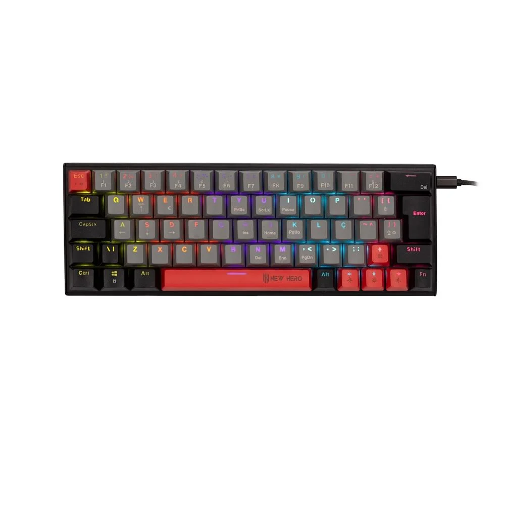 Teclado Gamer Mecânico New Hero Titan Mini 60% Rainbow Switch Blue ABNT Cinza e Preto
