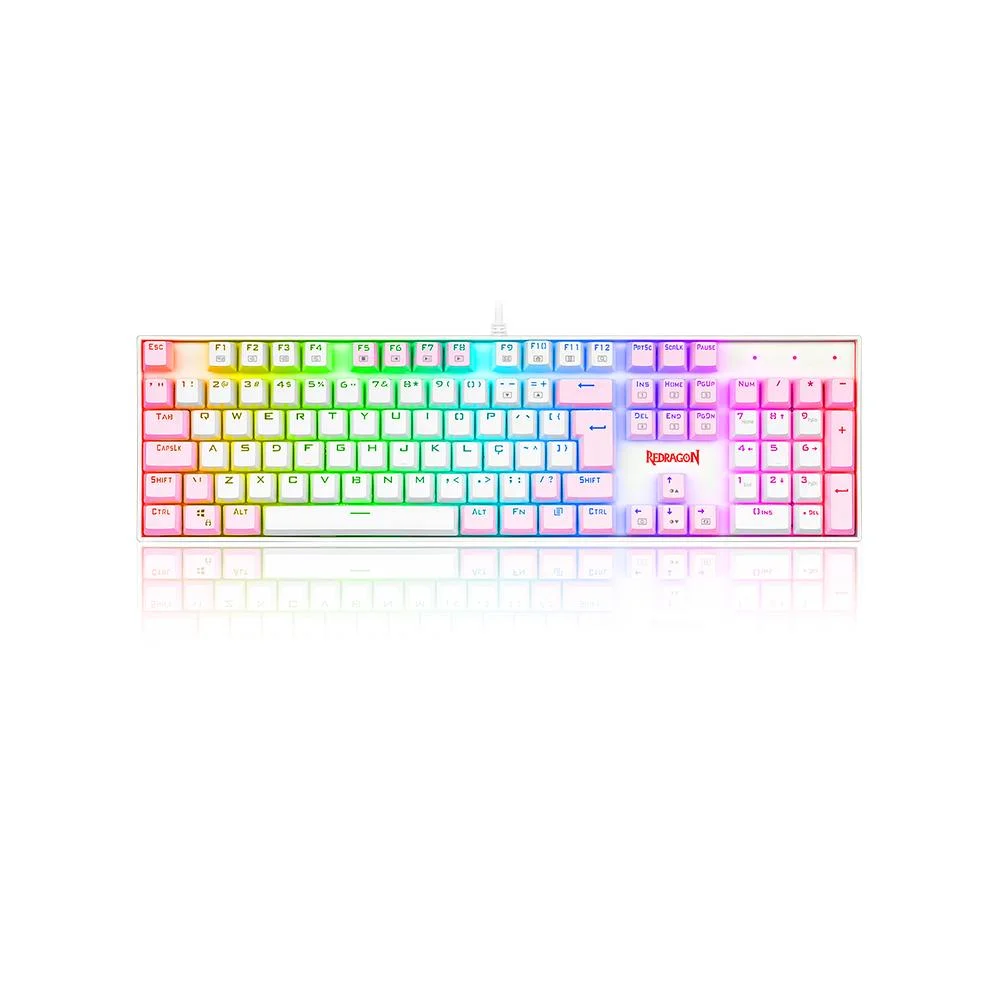 Teclado Gamer Mecânico Redragon Mitra Full-Size RGB N-Key Rollover ABNT2 Branco e Rosa K551WP-RGB PT-BLUE