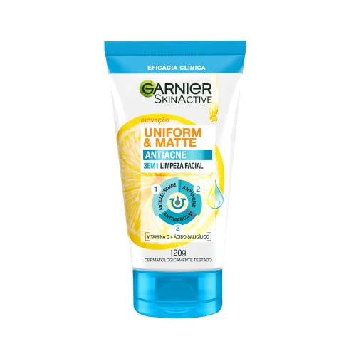 Garnier Uniform & Matte, Sabonete Facial 3 em 1 Antiacne, Tratamento com Ácido Salicílico e Vitamina C para Pele Oleosa, Ação Antioleosidade e Antimarcas, 120g