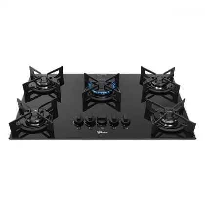 Cooktop a Gás Fischer Fit Line 5 Bocas Trempe Iron Mesa de Vidro Preto 36325