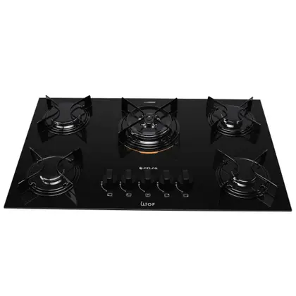 Cooktop a Gás Atlas U Top 5 Bocas Mesa de Vidro Tripla Chama Preto Bivolt