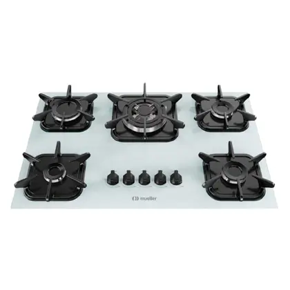 Cooktop a Gás Mueller 5 Bocas Tripla Chama Mesa Vidro Branco Bivolt