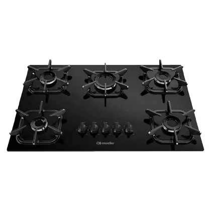 Cooktop a Gás Mueller 5 Bocas Ultra Chama Mesa Vidro Preto Bivolt