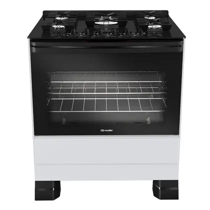 Fogão de Piso 5 Bocas Mueller a Gás com Mesa de Vidro, Acendimento Automático e Tripla Chama Branco Bivolt MFV5BF