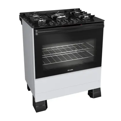Fogão de Piso 5 Bocas Mueller com Mesa de Vidro e Forno 81L Branco Bivolt MFV5BF