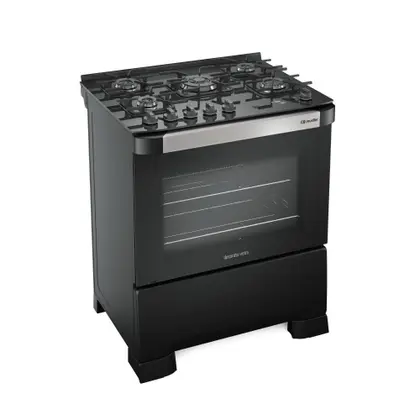 Fogão de Piso 5 Bocas Mueller Decorato Vetro com Mesa de Vidro e Timer Preto Fosco Bivolt