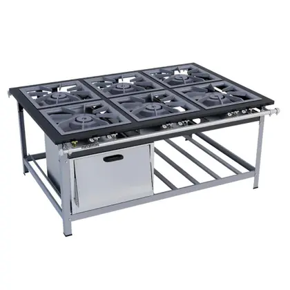 Fogão Industrial 6 Bocas Metalmaq 50x50cm a Gás GLP Baixa Pressão com Forno e Pé Perfil 9cm