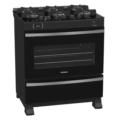 Fogão de Piso 6 Bocas Venax Maxi Vitreo Preto Fosco a Gás GLP