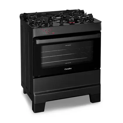 Fogão de Piso 5 Bocas Esmaltec Ideal Top Glass a Gás com Mesa de Vidro, Forno 84L Limpa Fácil e Acendimento Automático Preto Bivolt T5VAP