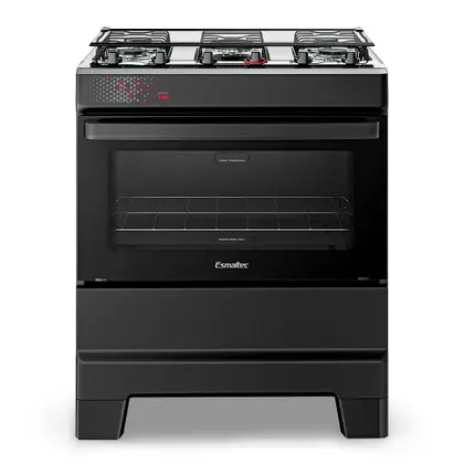 Fogão de Piso 5 Bocas Esmaltec Ideal Top a Gás com Mesa Inox, Super Chama, Tampa de Vidro, Forno 84L Limpa Fácil e Acendimento Automático Preto Bivolt T5IAP