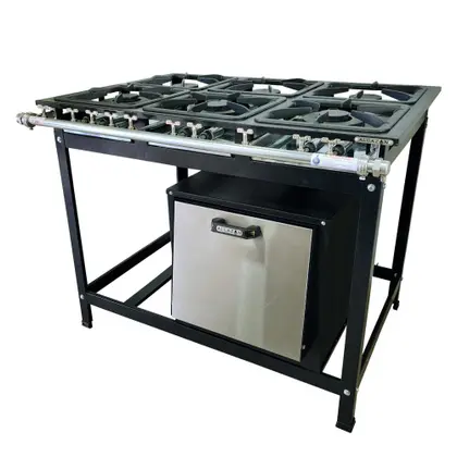 Fogão Industrial 6 Bocas Alcazon Baixa Pressão com Forno 75 Litros e Tampa Inox ACZ-005 + ACZF-003