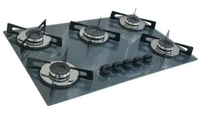 Cooktop a Gás Chamalar Premium 5 Bocas Ultra Chama Vidro Marmorizado Cinza Bivolt