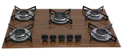 Fogão Cooktop 5 Bocas Chamalar Premium Ultra Chama Amadeirado Escuro Bivolt GLP