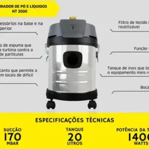 Aspirador de Pó e Água Kärcher NT2000 3 em 1 com Função Soprador 20L
